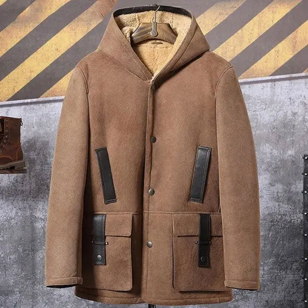 Men's Shearling Hooded Suede Leather Bomber Long Jacket Trench Coat