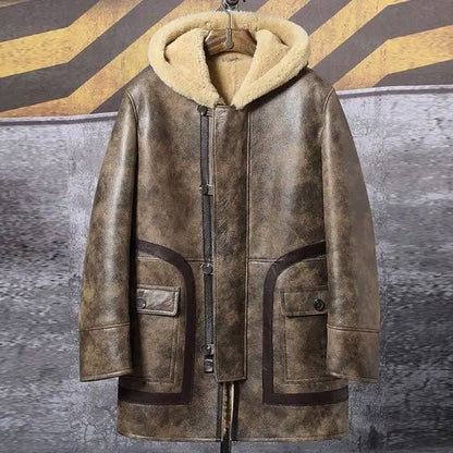 Sheepskin Coat Long Leather Jacket Hooded Fur Coat Thick Mens Winter Coats