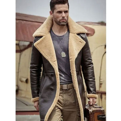 B3 Flight Sheepskin Aviator Long Mens Winter Coats Fur Bomber Leather Jacket