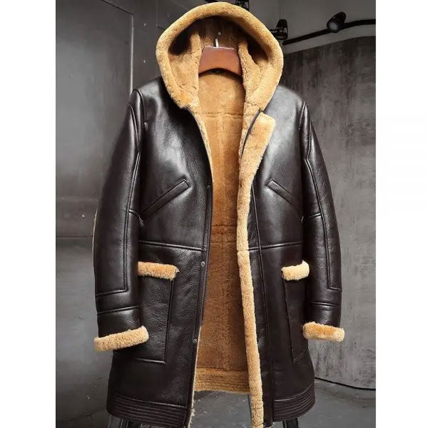 Mens RAF Hooded Shearling Fur Sheepskin Leather Long Jacket Winter Coats