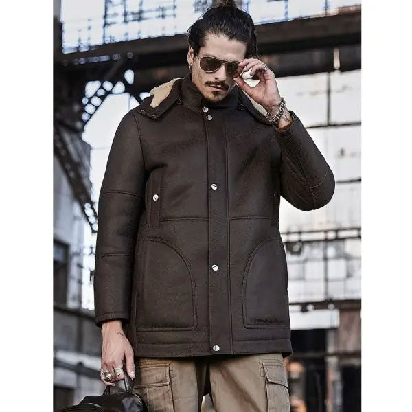 Men's Hooded Shearling Leather Long Trench Coat