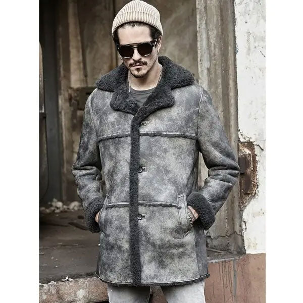 Men's Hunting Leather Shearling Bomber Trench Coat