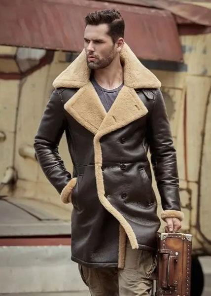 B3 Flight Sheepskin Aviator Long Mens Winter Coats Fur Bomber Leather Jacket