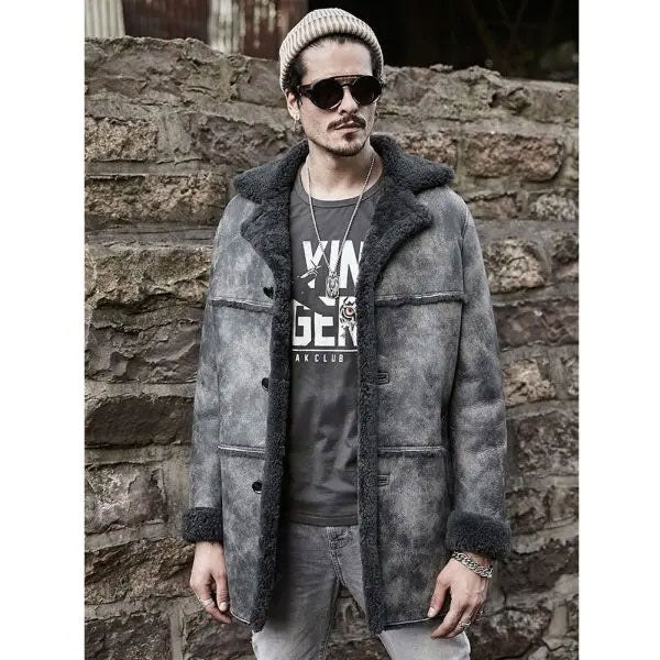 Men's Hunting Leather Shearling Bomber Trench Coat