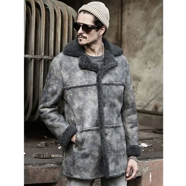 Men's Hunting Leather Shearling Bomber Trench Coat