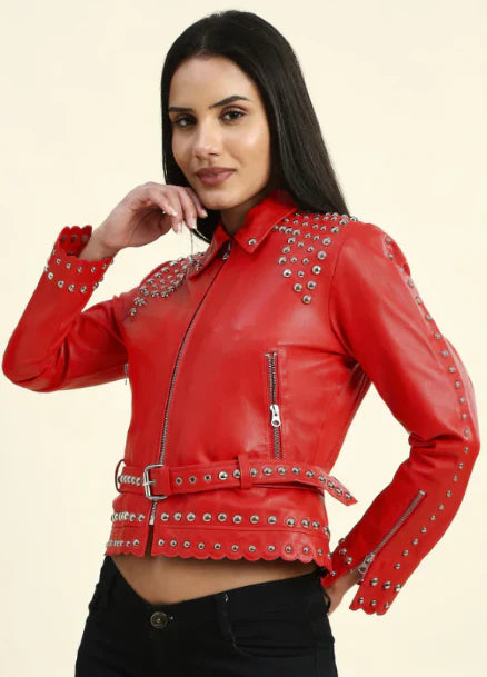 Red Women's Studded Leather Jacket