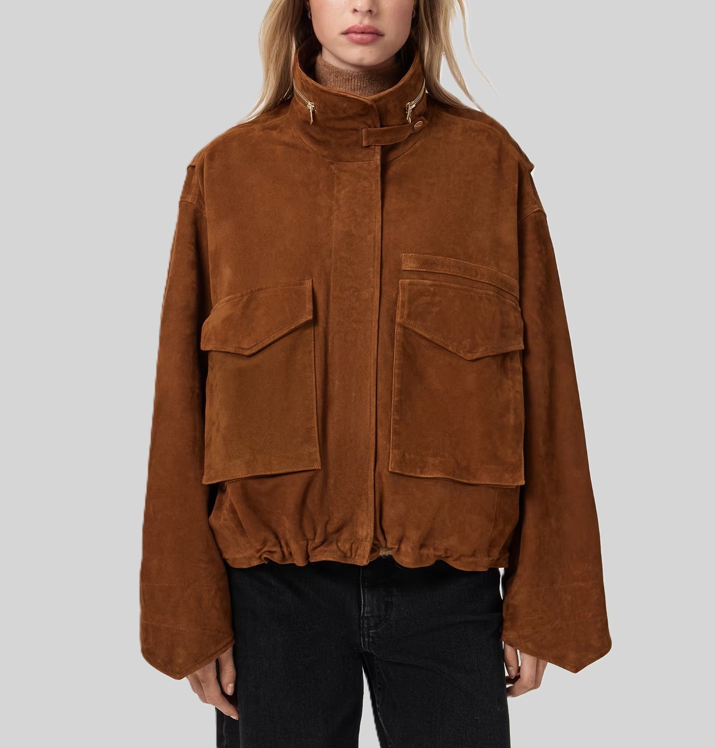 Women’s Funnel Neck Suede Leather Jacket |