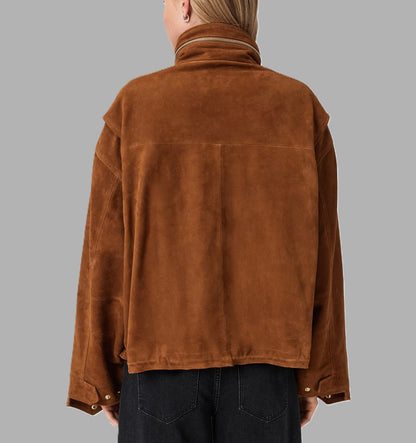Women’s Funnel Neck Suede Leather Jacket |