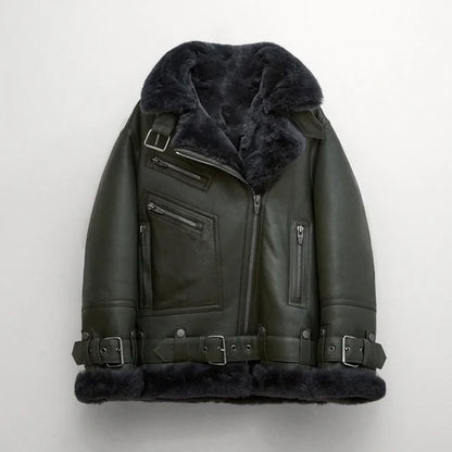 Green RAF Black Shearling Leather Jacket