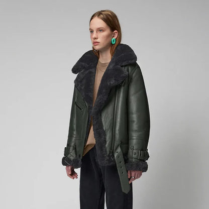 Green RAF Black Shearling Leather Jacket