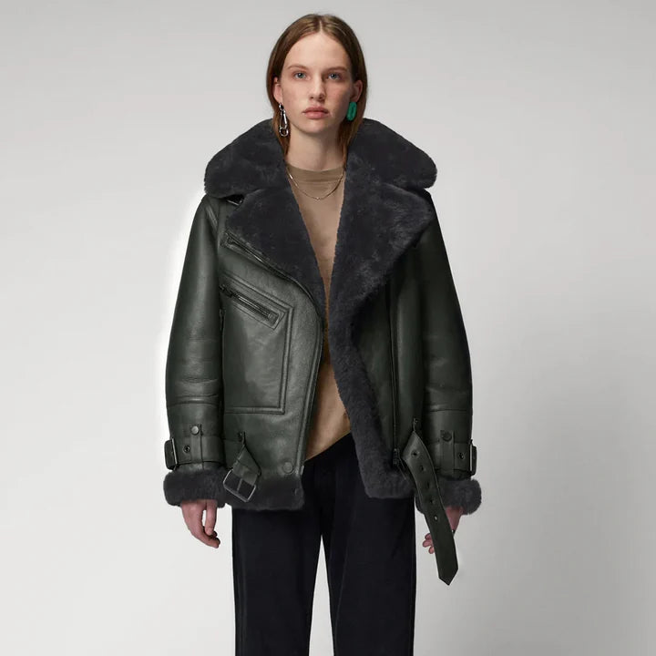 Green RAF Black Shearling Leather Jacket