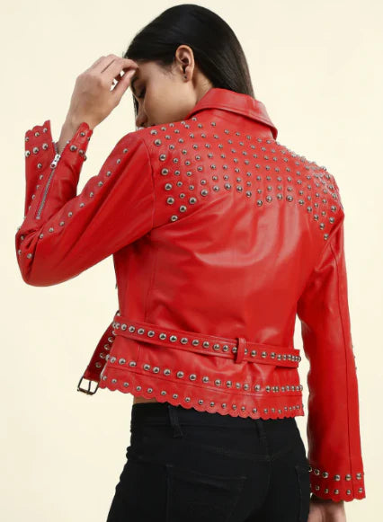 Red Women's Studded Leather Jacket