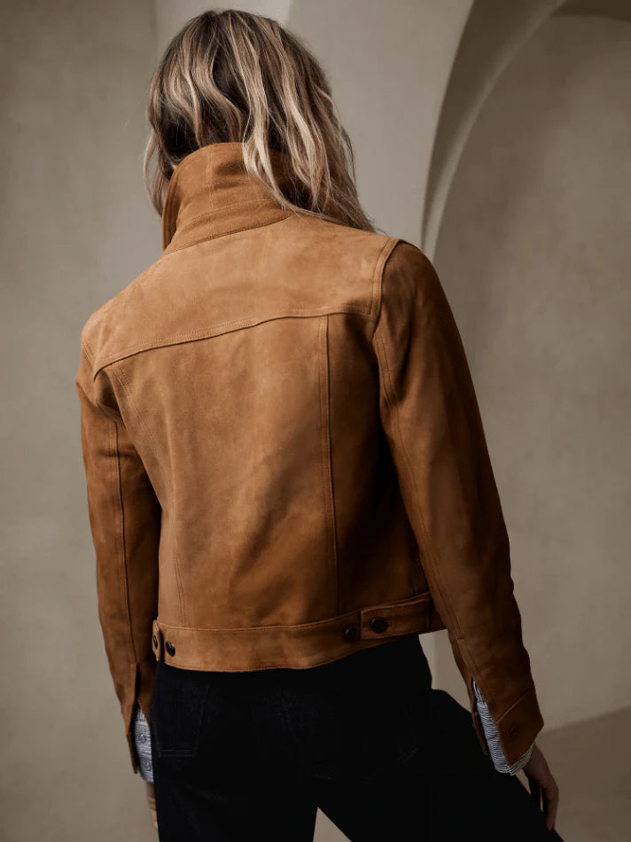 Women's Brown Suede Trucker Leather Jacket