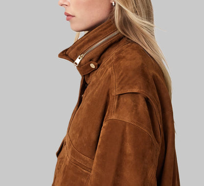 Women’s Funnel Neck Suede Leather Jacket |